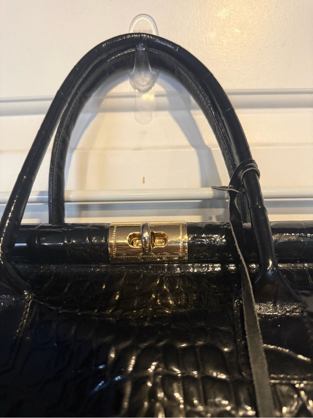 Black Croc-Embossed Top-Handle Satchel with Gold Hardware genuine leather - Picture 3 of 9
